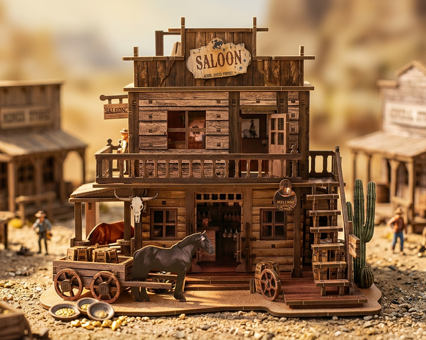 A detailed miniature model of an old Western saloon with a horse, wagon, stairs, cactus, and tiny cowboy figures, set in a dusty, sunlit Wild West town.