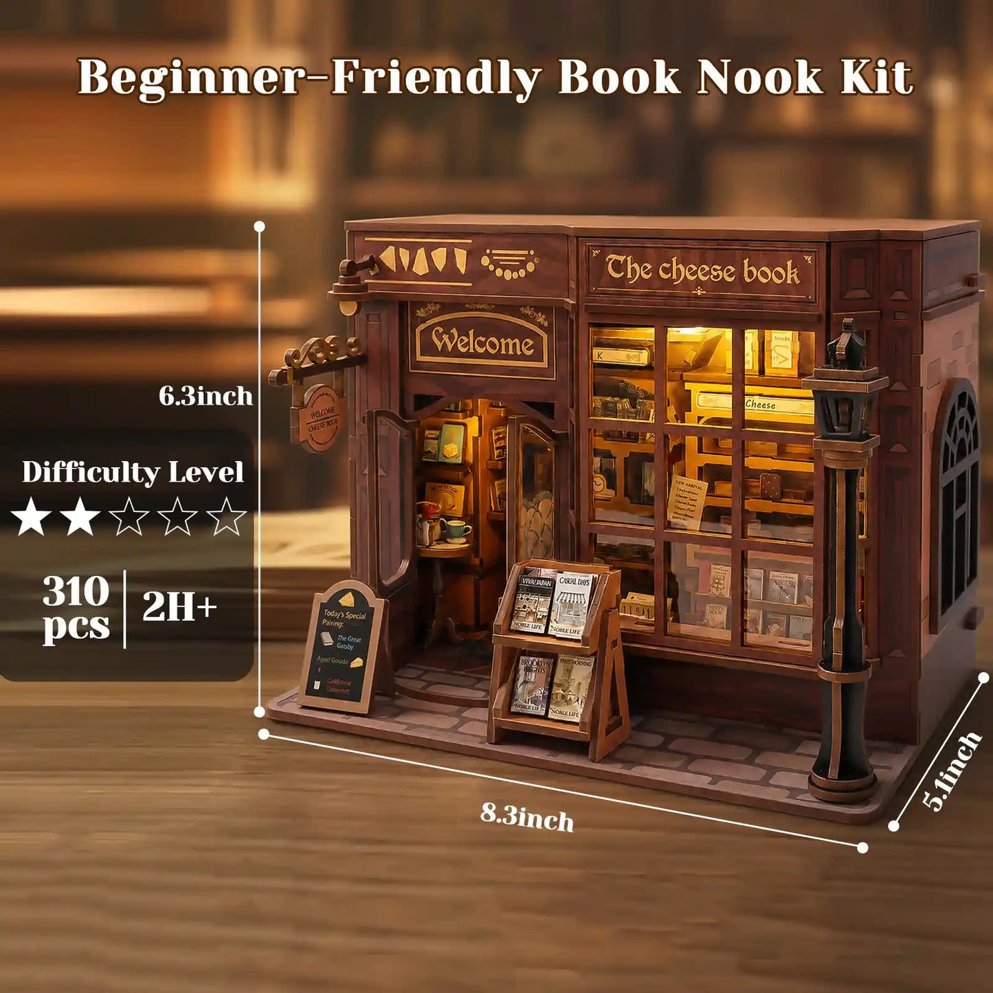 A wooden book nook DIY model kit labeled 'The cheese book' with warm interior lighting, shown on a wooden tabletop with overlaid size and difficulty information. This is a product listing image rather than a pure instruction diagram because the main focus is still the assembled product, with only auxiliary text overlays.