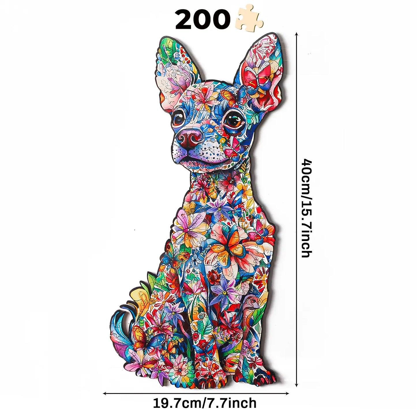 The benlarkytoys Chiweenie Puzzle Animal Dog is a 200-piece wooden puzzle for adults, featuring vibrant floral and butterfly patterns. Shaped like a sitting dog, it measures 40 x 19.7 cm—ideal for stress relief and puzzle enthusiasts.