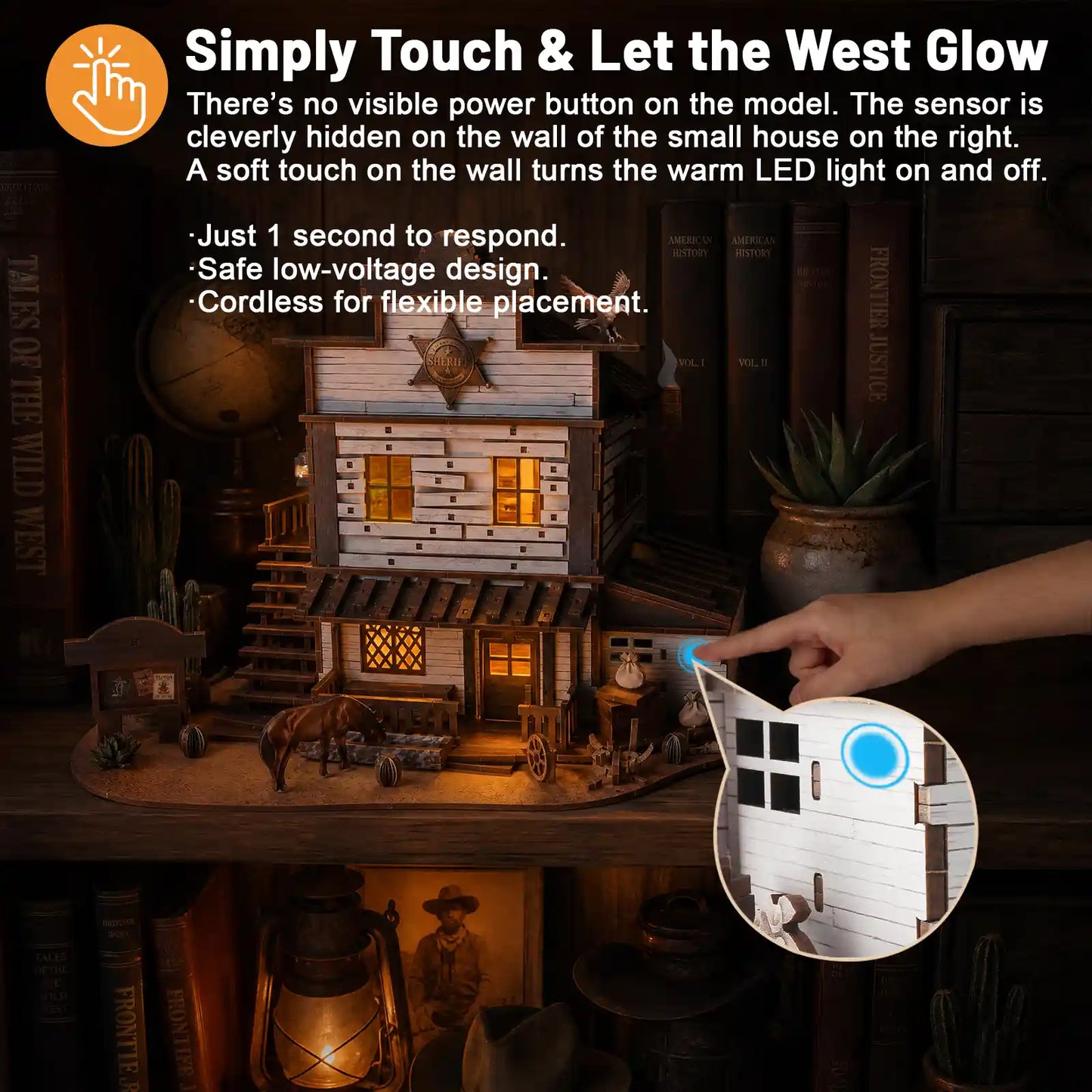 A hand reaches out to activate a concealed sensor on the benlarkytoys Western Sheriff’s Office 3D Wooden Puzzle – DIY Book Nook Kit with LED Light, instantly illuminating cozy LED lights inside. This charming Old West model boasts a touch-activated, cordless design with quick response and safe low-voltage operation.