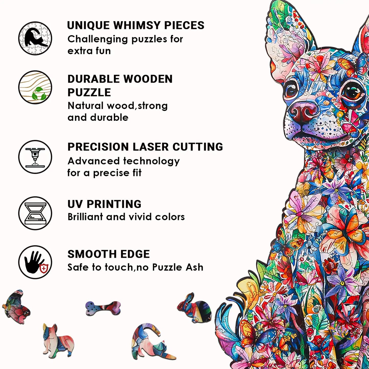 The benlarkytoys Chiweenie Puzzle Animal Dog Wooden Puzzle for Adults features 200 precision-cut, durable wooden pieces with UV printing, smooth edges, and unique whimsy animal shapes for stress relief.