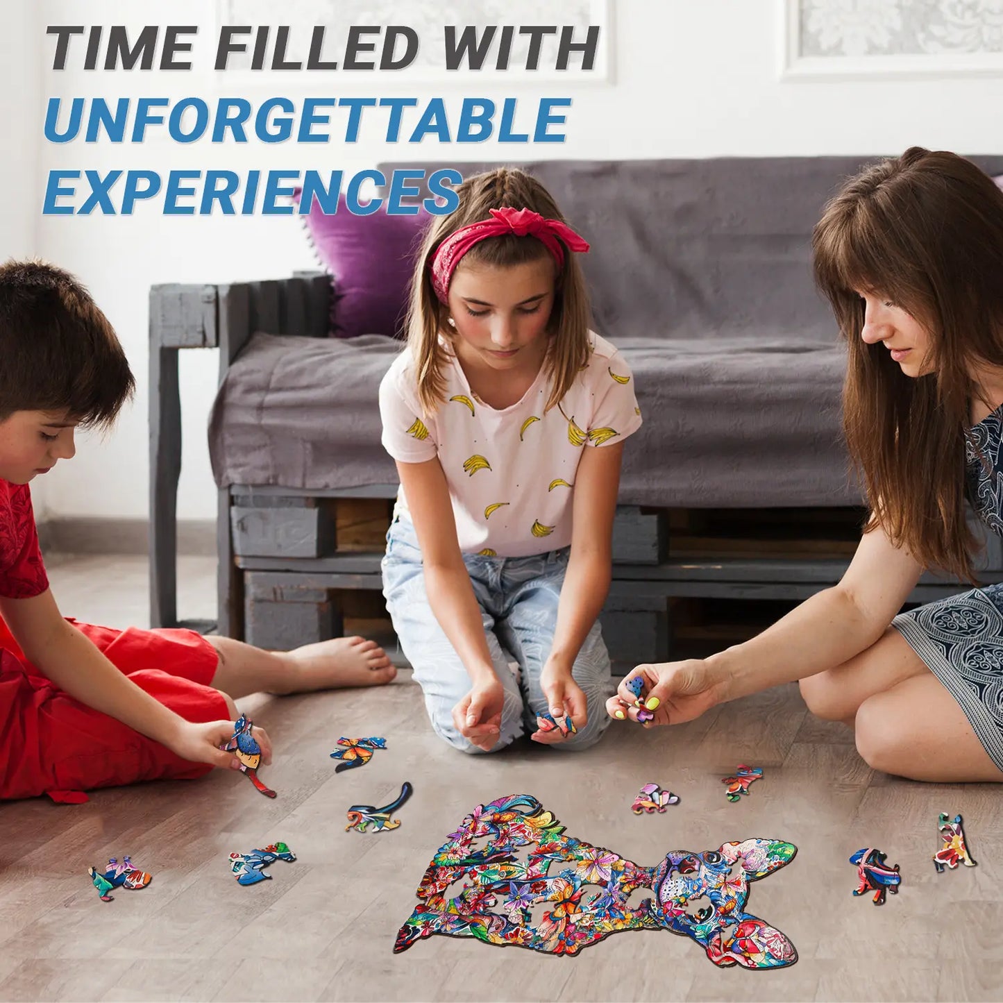 A woman and two children assemble the benlarkytoys Chiweenie Puzzle Animal Dog Wooden Puzzle (200 pieces) on the floor. Above them, text reads "Time filled with unforgettable experiences." A gray sofa sits in the background.