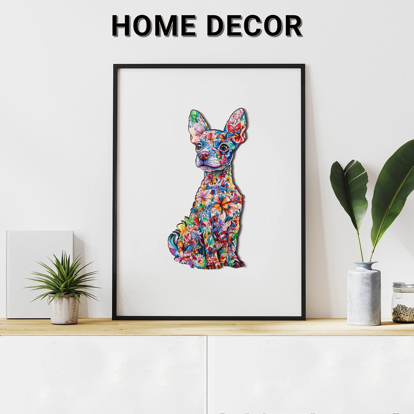 The Chiweenie Puzzle Animal Dog Wooden Puzzle (200 pieces) by benlarkytoys features a colorful, abstract dog in a black frame—perfect home decor and inspiration for adult jigsaw puzzle fans or stress relief enthusiasts.