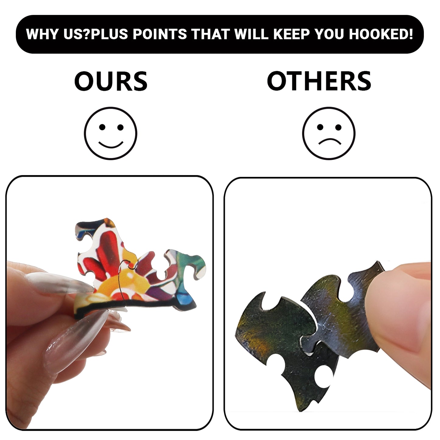 A comparison: the left hand holds vibrant, uniquely shaped benlarkytoys Chiweenie Animal Dog Wooden Puzzle pieces labeled OURS and smiling; the right holds plain puzzle pieces with a sad face. Above: “Why us? Plus points that will keep you hooked!”.