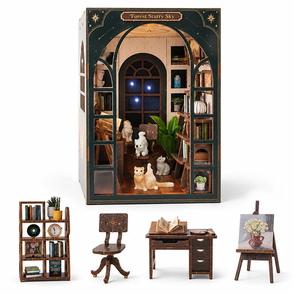 A miniature dollhouse-style room set labeled 'Forest Starry Sky' with a tall arched cabin display, shown with smaller furniture pieces including a bookshelf, chair, desk, and easel on a white background.