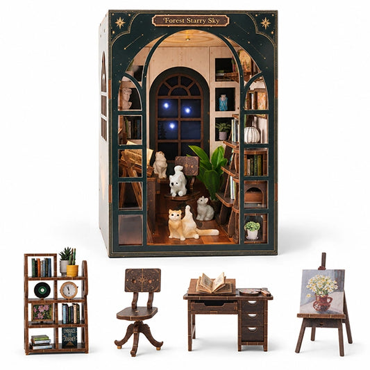 A miniature dollhouse-style room set labeled 'Forest Starry Sky' with a tall arched cabin display, shown with smaller furniture pieces including a bookshelf, chair, desk, and easel on a white background.
