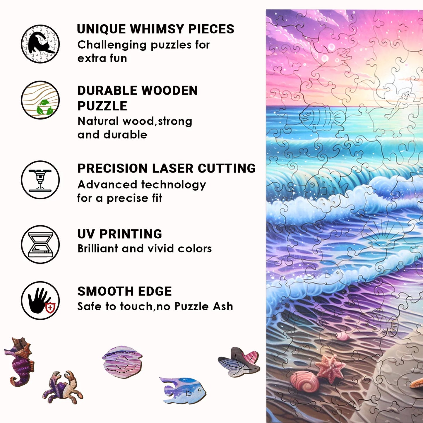 Infographic highlights benlarkytoys Wooden Puzzles Beach Starfish Sea Sunset: features include unique whimsical pieces, durable wood, laser-cut precision, UV printing, and smooth edges. Colorful seaside jigsaw with animal-shaped pieces shown at the bottom right.