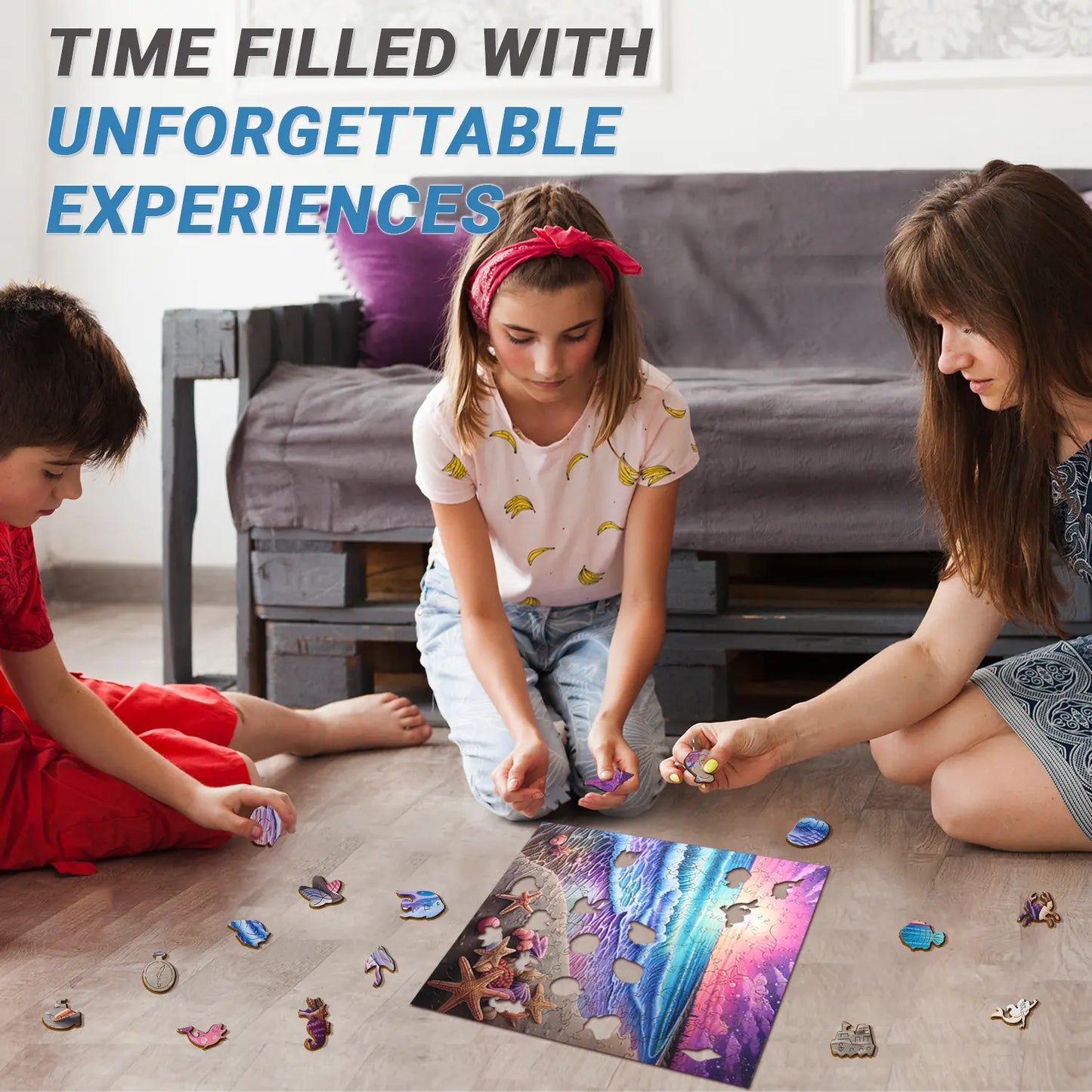 A woman and two children sit on the floor assembling benlarkytoys’ Wooden Puzzles Beach Starfish Sea Sunset Jigsaw Puzzle (200 pieces), fully engaged and enjoying stress-relief moments together. TIME FILLED WITH UNFORGETTABLE EXPERIENCES.