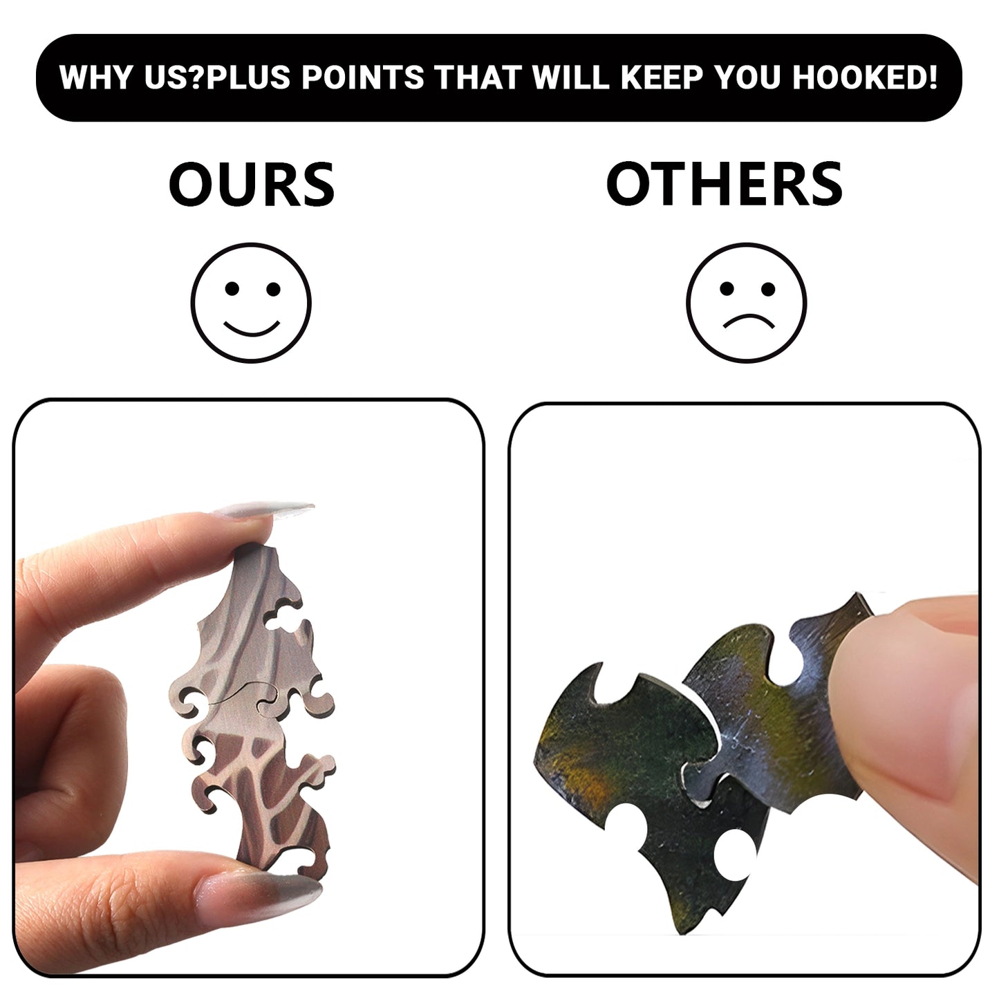 Comparison image: one hand holds benlarkytoys Wooden Puzzles Beach Starfish Sea Sunset (smooth, happy face, stress relief); the other shows uneven pieces with a sad face.