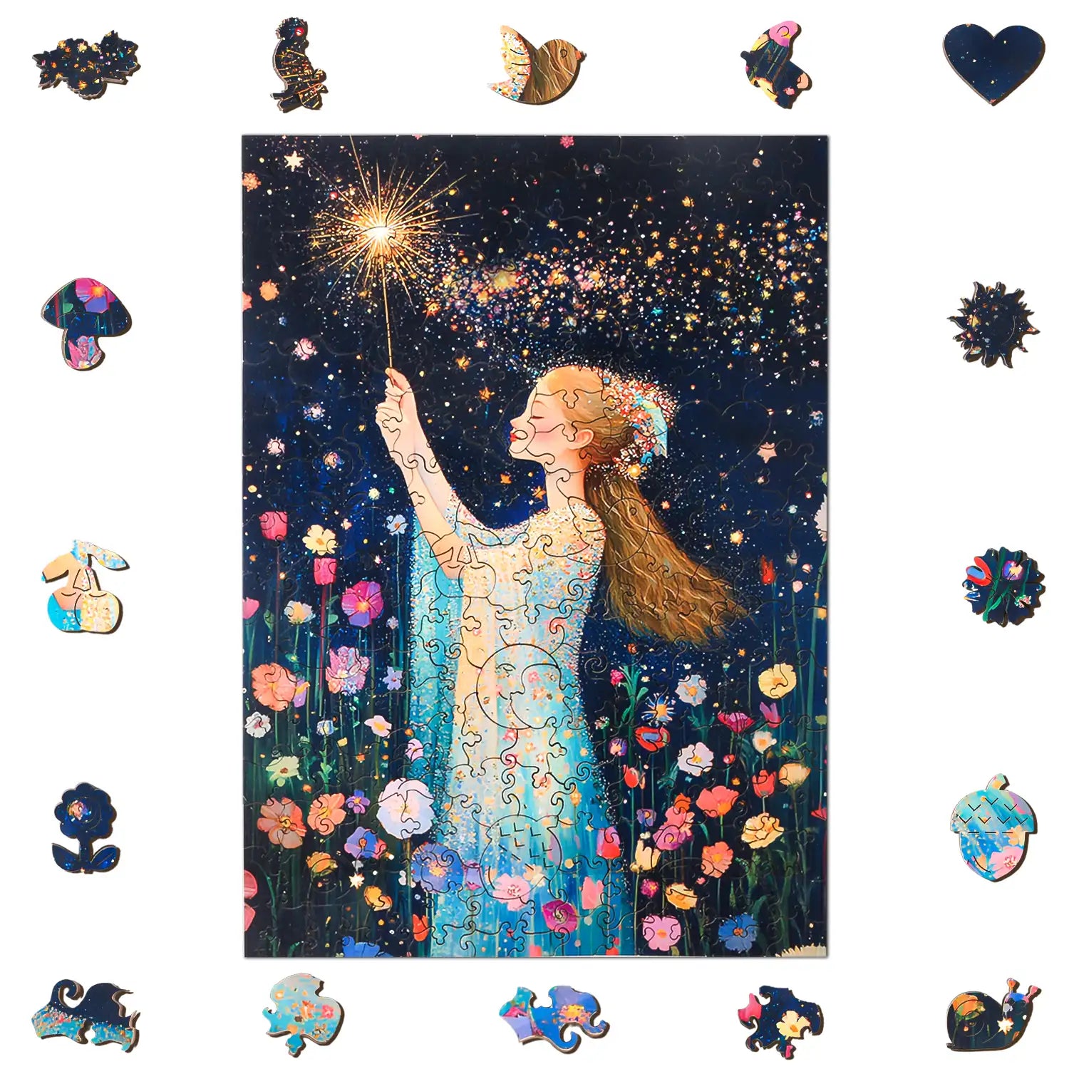 The benlarkytoys Magic Fairy Wooden Jigsaw Puzzle (200 pieces) displays a woman in a blue dress with a sparkling wand among vibrant flowers and stars, featuring uniquely shaped animal and heart pieces scattered on a white background.