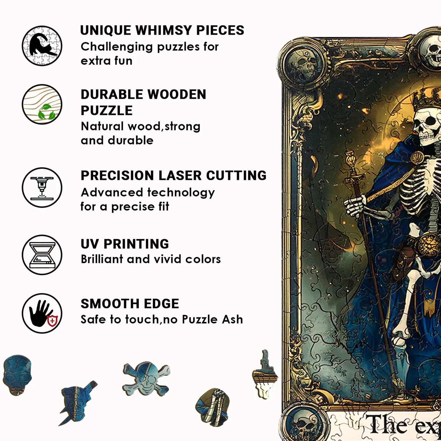 An illustrated feature list for benlarkytoys Wooden Puzzles for Adults 200 Pieces: uniquely irregular skull explorer tarot shapes, durable wood, precise laser-cut edges, UV printing, smooth finish, themed icons, and partial ornate puzzle image.