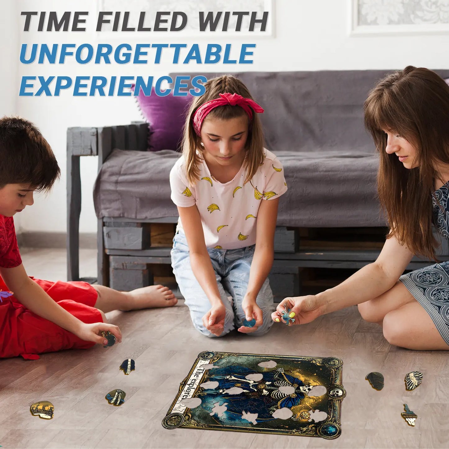 A woman and two children sit on the floor assembling the benlarkytoys Wooden Puzzles for Adults—200 uniquely irregular, Skull Explorer Tarot-shaped pieces—creating unforgettable moments together.