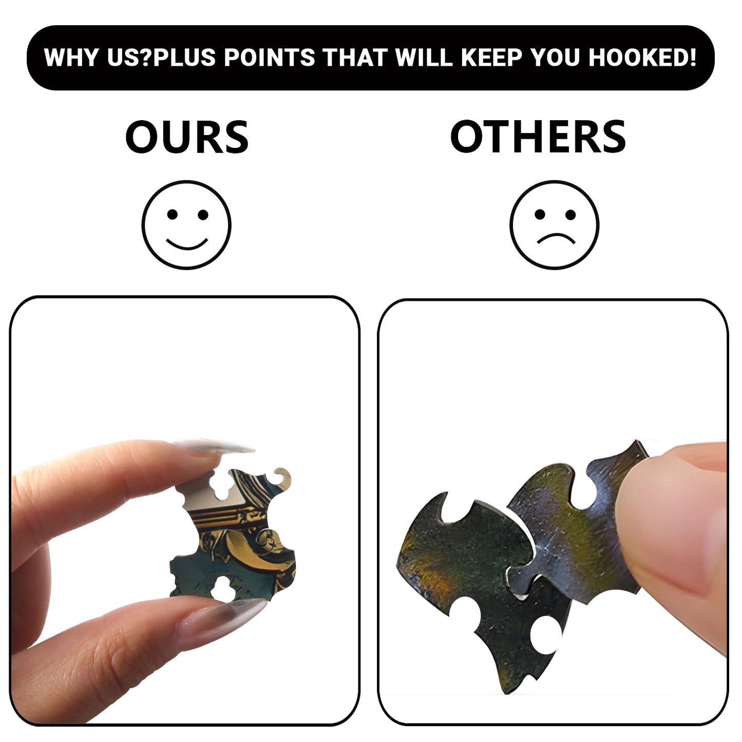 A comparison image shows benlarkytoys Wooden Puzzles for Adults with a uniquely shaped Skull Explorer Tarot piece and a smiling face, while Others show two misaligned jigsaw pieces and a sad face.