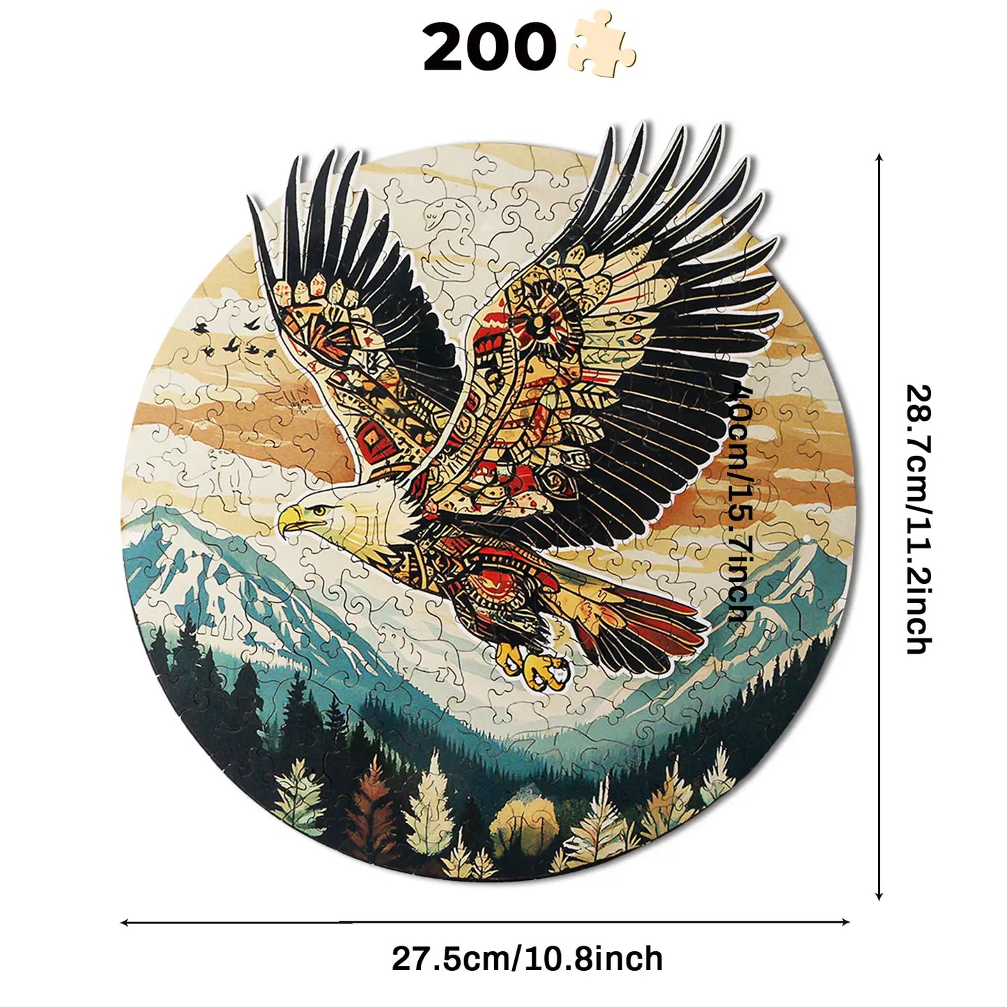 The benlarkytoys 200pcs Tribal Eagle Wooden Jigsaw Puzzle for Adults features a detailed eagle flying over mountains and trees, with unique animal-shaped pieces. Finished size: 28.7 x 27.5 cm (11.2 x 10.8 in).