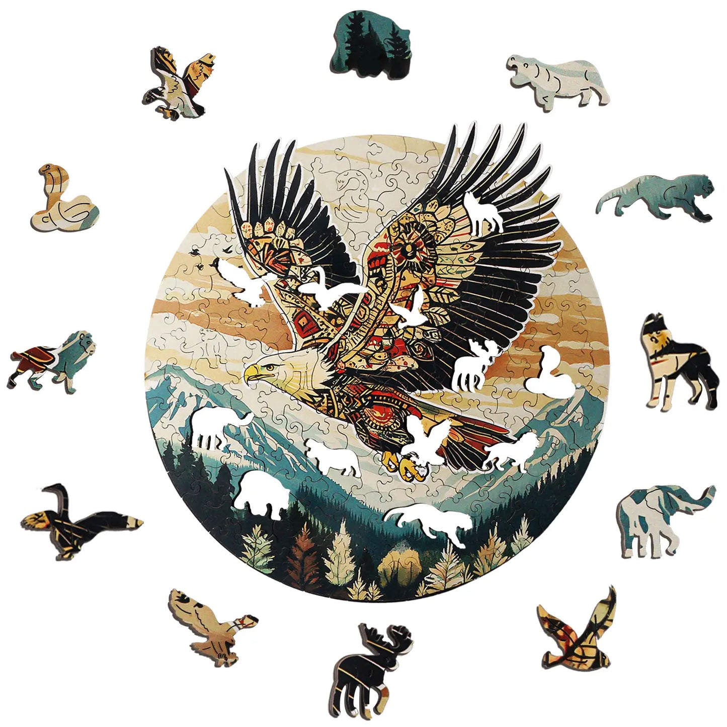 The Benlarkytoys 200pcs Tribal Eagle Wooden Jigsaw Puzzle for Adults features a vibrant eagle over mountains, with animal-shaped pieces like bears and wolves adding extra fun to this colorful wooden puzzle.