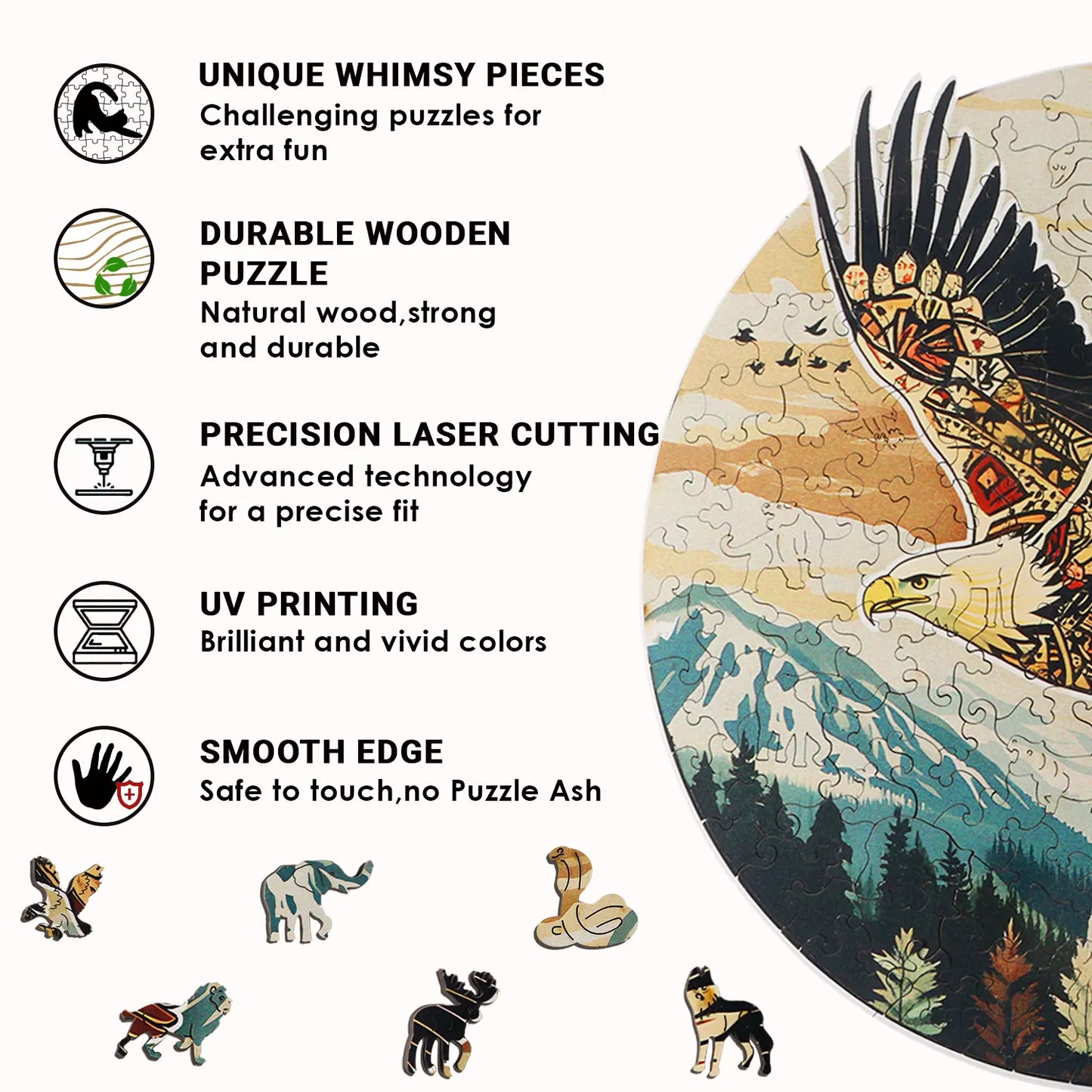 The Benlarkytoys 200pcs Tribal Eagle Wooden Jigsaw Puzzle for Adults features a stylized eagle and mountain scene, unique animal-shaped pieces, durable wood, precise laser cutting, UV printing, and smooth edges by benlarkytoys.