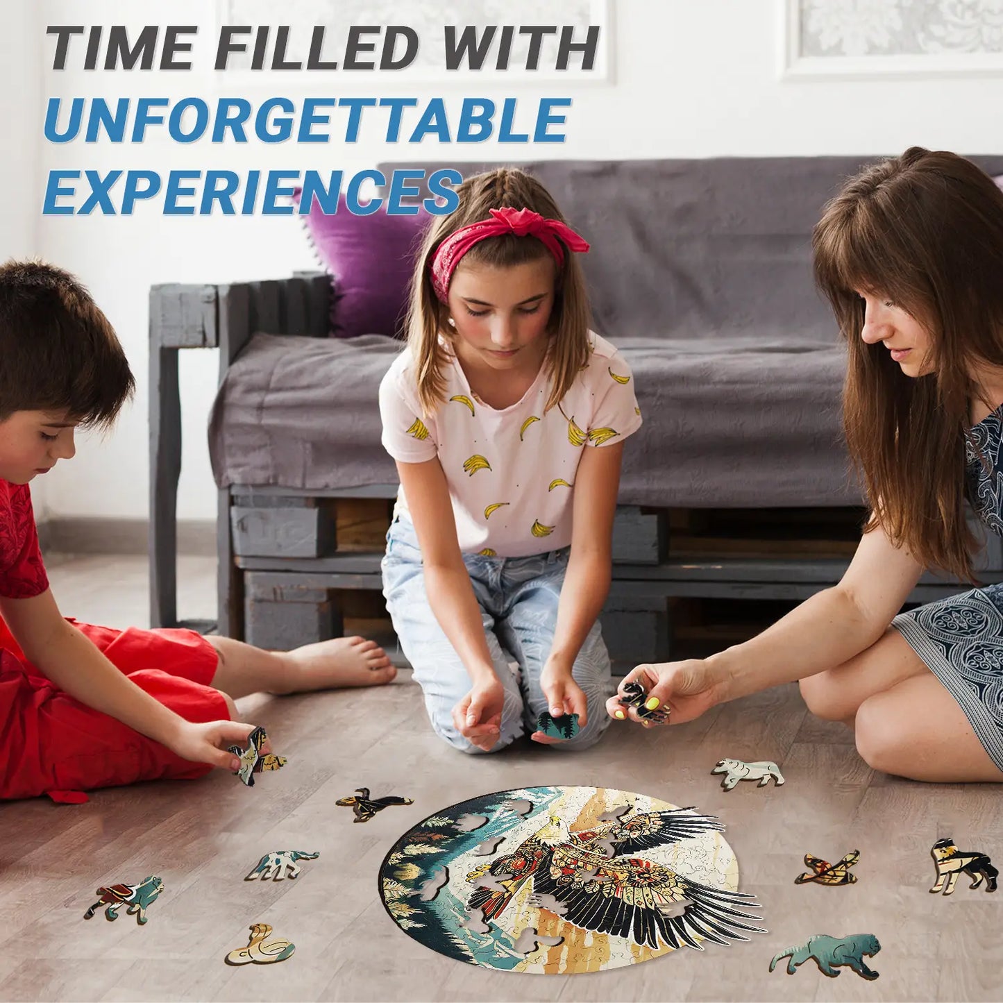 A woman and two children sit on the floor assembling the benlarkytoys Benlarkytoys 200pcs Tribal Eagle Wooden Jigsaw Puzzle for Adults, focused and engaged together. Above them, text reads: Time filled with unforgettable experiences.