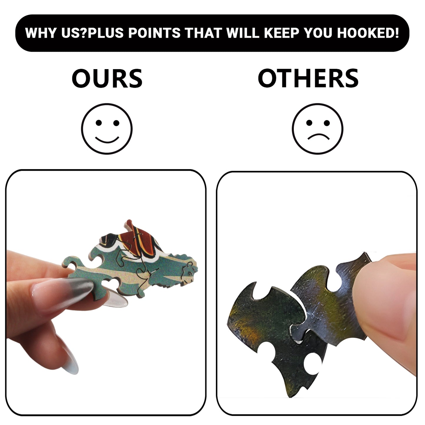 Comparison of two puzzle pieces: the left, labeled OURS, features a uniquely shaped animal piece from the benlarkytoys 200pcs Tribal Eagle Wooden Jigsaw Puzzle for Adults held by smiling fingers; the right, labeled OTHERS, shows a standard piece held by sad fingers. Highlights OUR advantages.