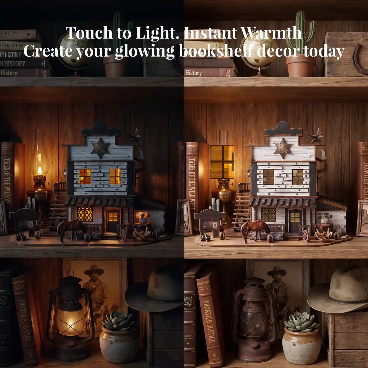 Two wooden shelves display Western-themed decor, books, a potted succulent, old lanterns, and the benlarkytoys Western Sheriff’s Office 3D Wooden Puzzle—an intricate DIY Book Nook Kit featuring a miniature sheriff’s office and LED light. The left side is warmly illuminated by the kit’s built-in lighting, while the right side shows the scene without illumination.