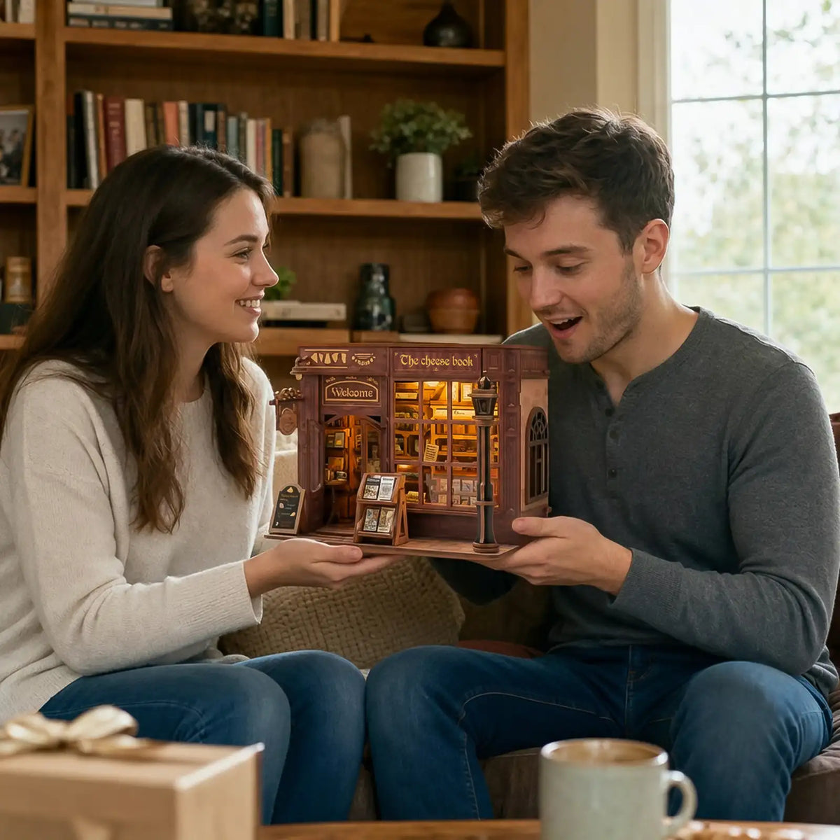 A man and a woman sit together in a cozy room, smiling as they hold a miniature wooden model of a shop. The model features warm yellow interior lights and detailed wood grain.