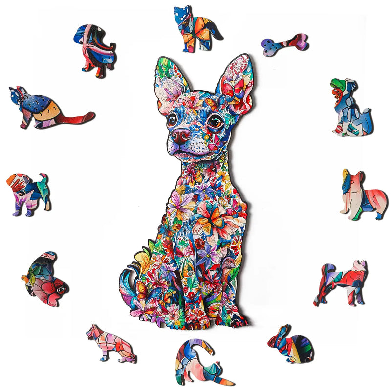 The Chiweenie Puzzle Animal Dog Wooden Puzzle by benlarkytoys features 200 colorful, floral-patterned wooden pieces—some in animal shapes—making it a perfect stress relief puzzle for adults, beautifully displayed against a white background.