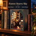 A decorative book nook miniature displayed on a wooden shelf among antique-style books, with warm glowing windows and shelves inside. Text at the top reads 'Forest Starry Sky' and 'Book Nook DIY Gift Home Decor'.