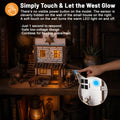 A hand reaches out to activate a concealed sensor on the benlarkytoys Western Sheriff’s Office 3D Wooden Puzzle – DIY Book Nook Kit with LED Light, instantly illuminating cozy LED lights inside. This charming Old West model boasts a touch-activated, cordless design with quick response and safe low-voltage operation.