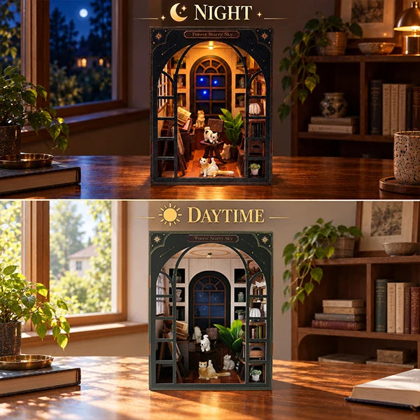 A decorative miniature bookshelf night light shown in two views: a dark nighttime scene and a warm daytime scene. The top panel is labeled NIGHT and shows the lit interior with shelves, books, plants, and small animal figures.