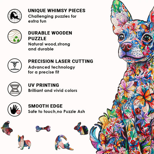 The benlarkytoys Chiweenie Puzzle Animal Dog Wooden Puzzle for Adults features 200 precision-cut, durable wooden pieces with UV printing, smooth edges, and unique whimsy animal shapes for stress relief.