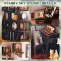 A collage of four photos showing a miniature starry sky studio set with tiny furniture, books, shelves, and decorative objects, presented as a product detail display.
