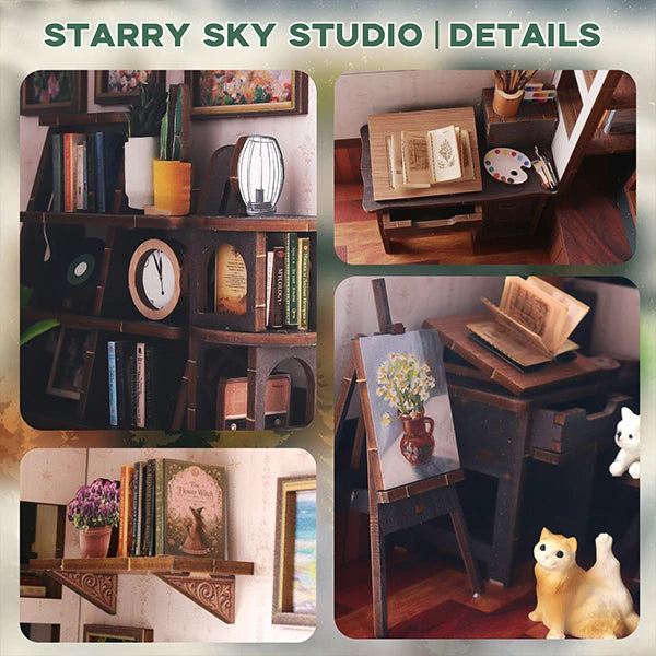 A collage of four photos showing a miniature starry sky studio set with tiny furniture, books, shelves, and decorative objects, presented as a product detail display.