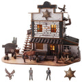 The Western Sheriff’s Office 3D Wooden Puzzle – a DIY Book Nook Kit with LED Light by benlarkytoys – is a detailed frontier town miniature that showcases elements such as a horse, cacti, barrels, a wagon wheel, two cowboy figures, an eagle, and a sheriff badge in front.