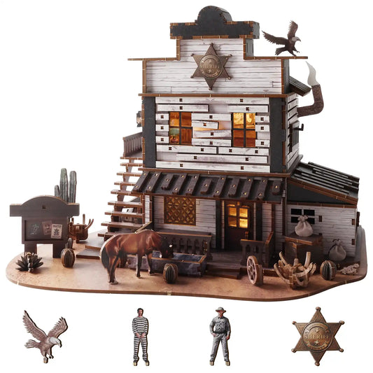 The Western Sheriff’s Office 3D Wooden Puzzle – a DIY Book Nook Kit with LED Light by benlarkytoys – is a detailed frontier town miniature that showcases elements such as a horse, cacti, barrels, a wagon wheel, two cowboy figures, an eagle, and a sheriff badge in front.