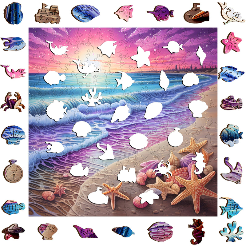 The benlarkytoys Wooden Puzzles Beach Starfish Sea Sunset Jigsaw, 200 pieces, features a sunset with shells and starfish. The border highlights sea creatures that match the missing piece shapes for stress-free relaxation.