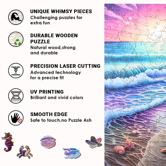 Infographic highlights benlarkytoys Wooden Puzzles Beach Starfish Sea Sunset: features include unique whimsical pieces, durable wood, laser-cut precision, UV printing, and smooth edges. Colorful seaside jigsaw with animal-shaped pieces shown at the bottom right.