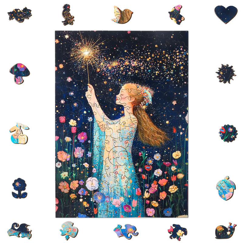 The benlarkytoys Magic Fairy Wooden Jigsaw Puzzle (200 pieces) displays a woman in a blue dress with a sparkling wand among vibrant flowers and stars, featuring uniquely shaped animal and heart pieces scattered on a white background.