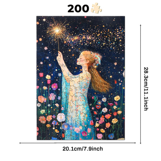 The benlarkytoys Magic Fairy Wooden Jigsaw Puzzle for Adult Kids Gifts features 200 pieces, measuring 28.3 x 20.1 cm, with an illustration of a fairy in blue holding a wand amid flowers and stars—perfect for stress relief and creative fun.