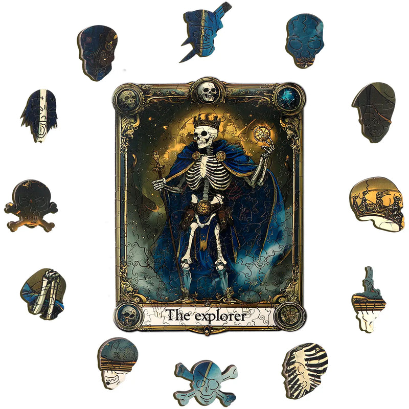 The benlarkytoys Wooden Puzzles for Adults features 200 uniquely irregular skull and tarot-shaped pieces, titled Skull Explorer, with pirate animal shapes and nautical motifs—a creative gift for teenagers and adults.