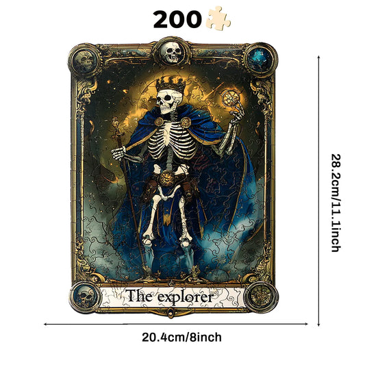 The benlarkytoys Wooden Puzzles for Adults features 200 uniquely irregular skull explorer tarot-themed pieces, includes creative animal shapes, and measures 28.2 x 20.4 cm—a perfect gift for puzzle-loving teens and adults.