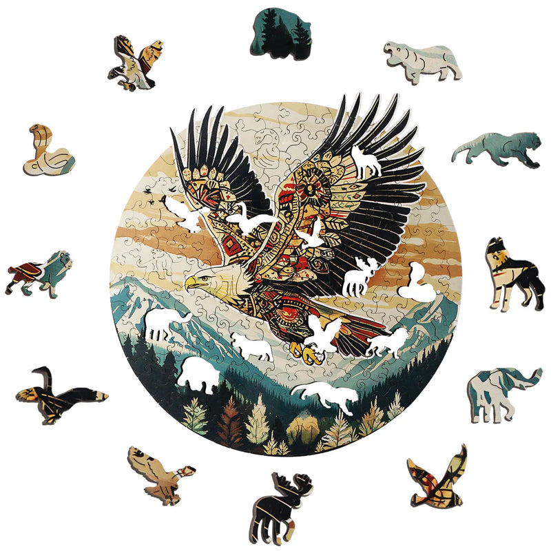 The Benlarkytoys 200pcs Tribal Eagle Wooden Jigsaw Puzzle for Adults features a vibrant eagle over mountains, with animal-shaped pieces like bears and wolves adding extra fun to this colorful wooden puzzle.