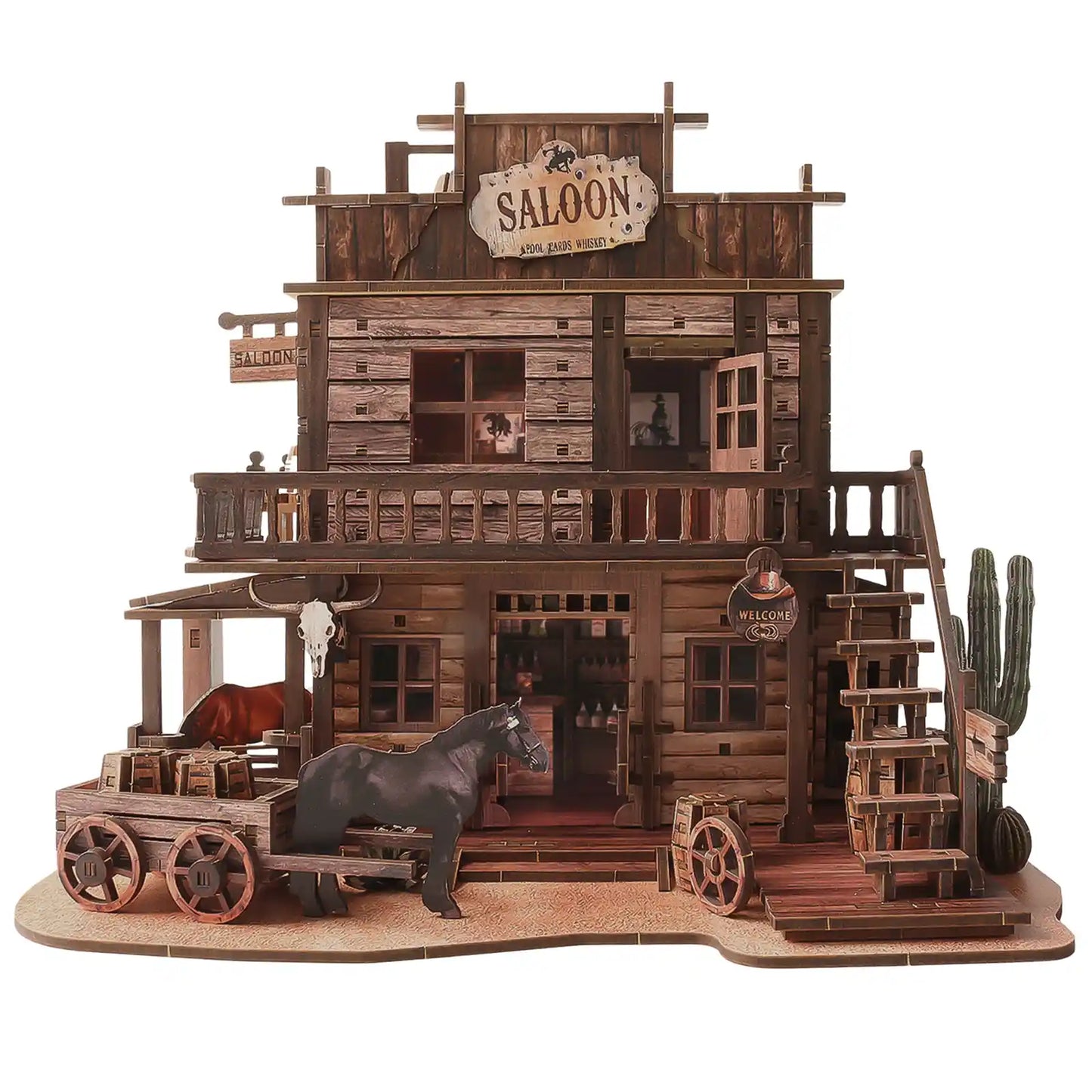 The benlarkytoys Western Saloon DIY Wood 3D Puzzle for adults features an 1880s-inspired Old West saloon with a wagon, cactus, stairs, balcony, signs, and bull skull—perfect rustic décor for any Wild West diorama.