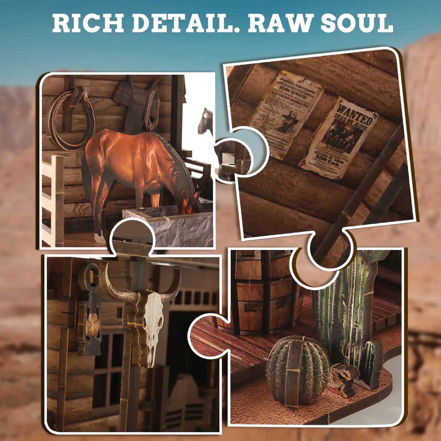Create a Wild West diorama with benlarkytoys’ Western Saloon DIY Wood 3D Puzzles for Adults: features a brown horse in stable, vintage posters, skull, wagon wheel, cacti, and rustic décor. Text above: RICH DETAIL. RAW SOUL.