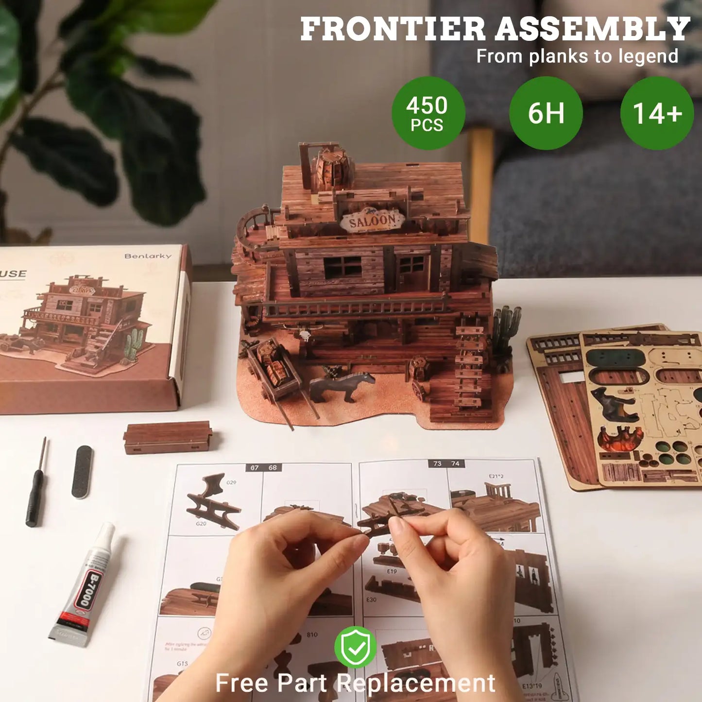 Hands assemble the benlarkytoys Western Saloon DIY Wood 3D Puzzle, featuring 450 pieces, tools, glue, and instructions. Suited for ages 14+, this kit offers a 6-hour build inspired by 19th-century craftsmanship.