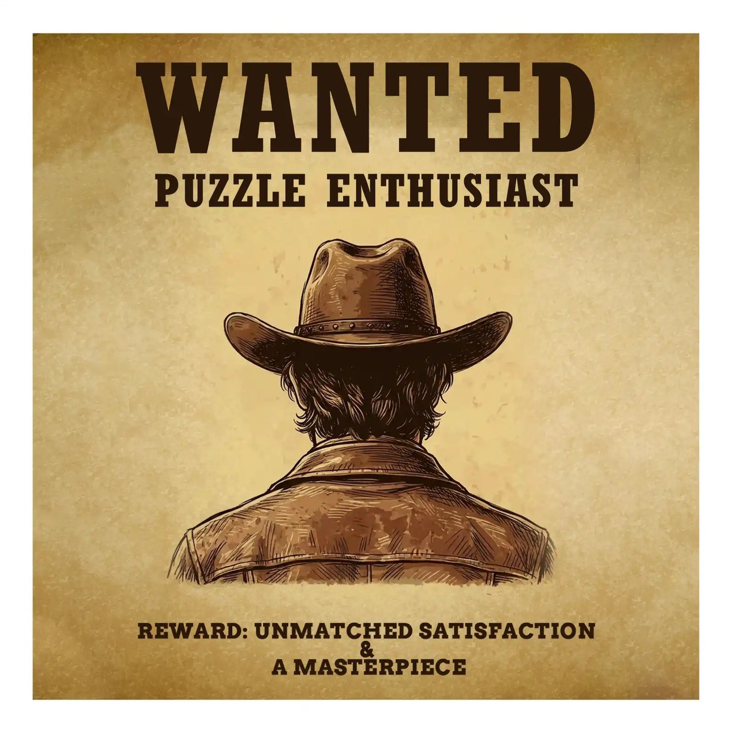 Wanted poster with a cowboy-hatted figure from behind and text: Wanted Puzzle Enthusiast. Reward: benlarkytoys' Western Saloon DIY Wood 3D Puzzle for Adults—unmatched satisfaction & a handcrafted masterpiece.