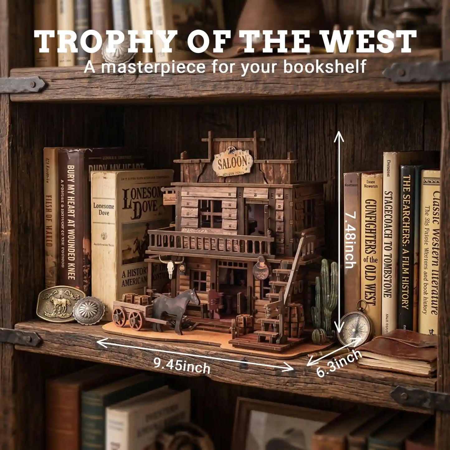 Wooden saloon model on a bookshelf with books and decorative items.