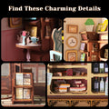 A four-panel collage showing miniature furniture and decor details, with the headline 'Find These Charming Details' at the top. The panels depict tiny wooden shelves, a teapot and teacups on a small table, framed wall art, and miniature food displays.