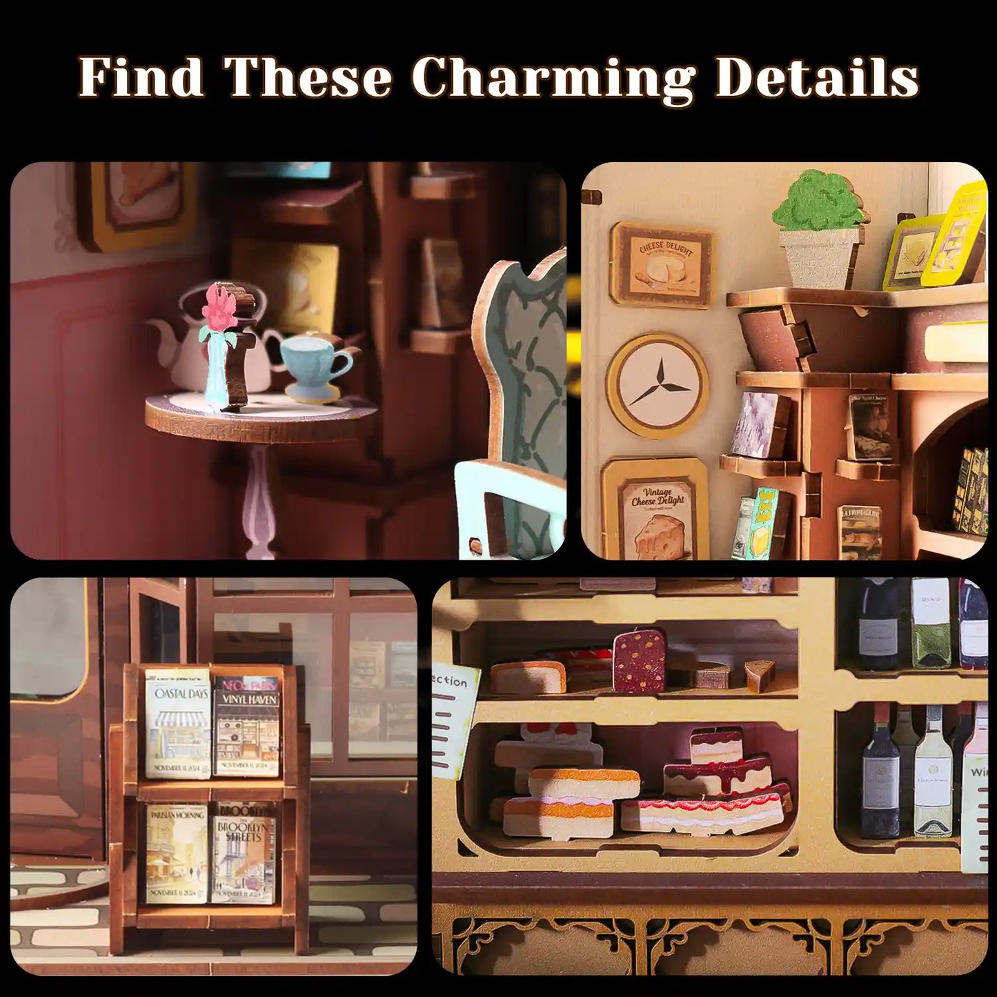 A four-panel collage showing miniature furniture and decor details, with the headline 'Find These Charming Details' at the top. The panels depict tiny wooden shelves, a teapot and teacups on a small table, framed wall art, and miniature food displays.