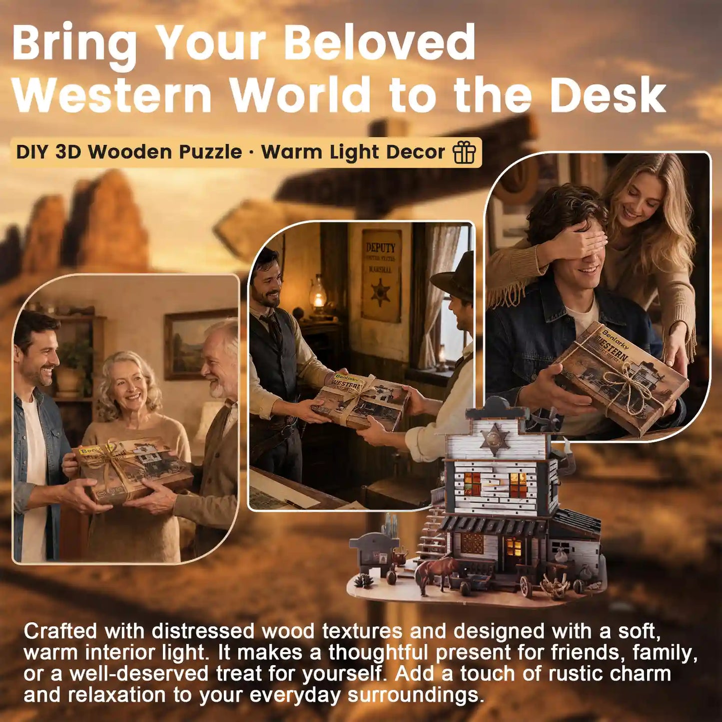 Three people smile while exchanging the benlarkytoys Western Sheriff’s Office 3D Wooden Puzzle – a DIY Book Nook Kit with LED Light. Displayed completed, its warm interior glow creates a cozy and rustic frontier town miniature, making it a charming decorative piece for any home or office.
