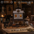 The Western Sheriff’s Office 3D Wooden Puzzle - DIY Book Nook Kit with LED Light by benlarkytoys is a miniature Wild West sheriff’s office diorama featuring a horse, cacti, and a Wanted poster. This rustic frontier town scene includes labeled dimensions, 510 parts, an estimated build time of 8 hours, and is suitable for ages 14+. Crafted as an intricate book nook with warm LED lighting and vintage décor, it brings the old West to life in stunning detail.