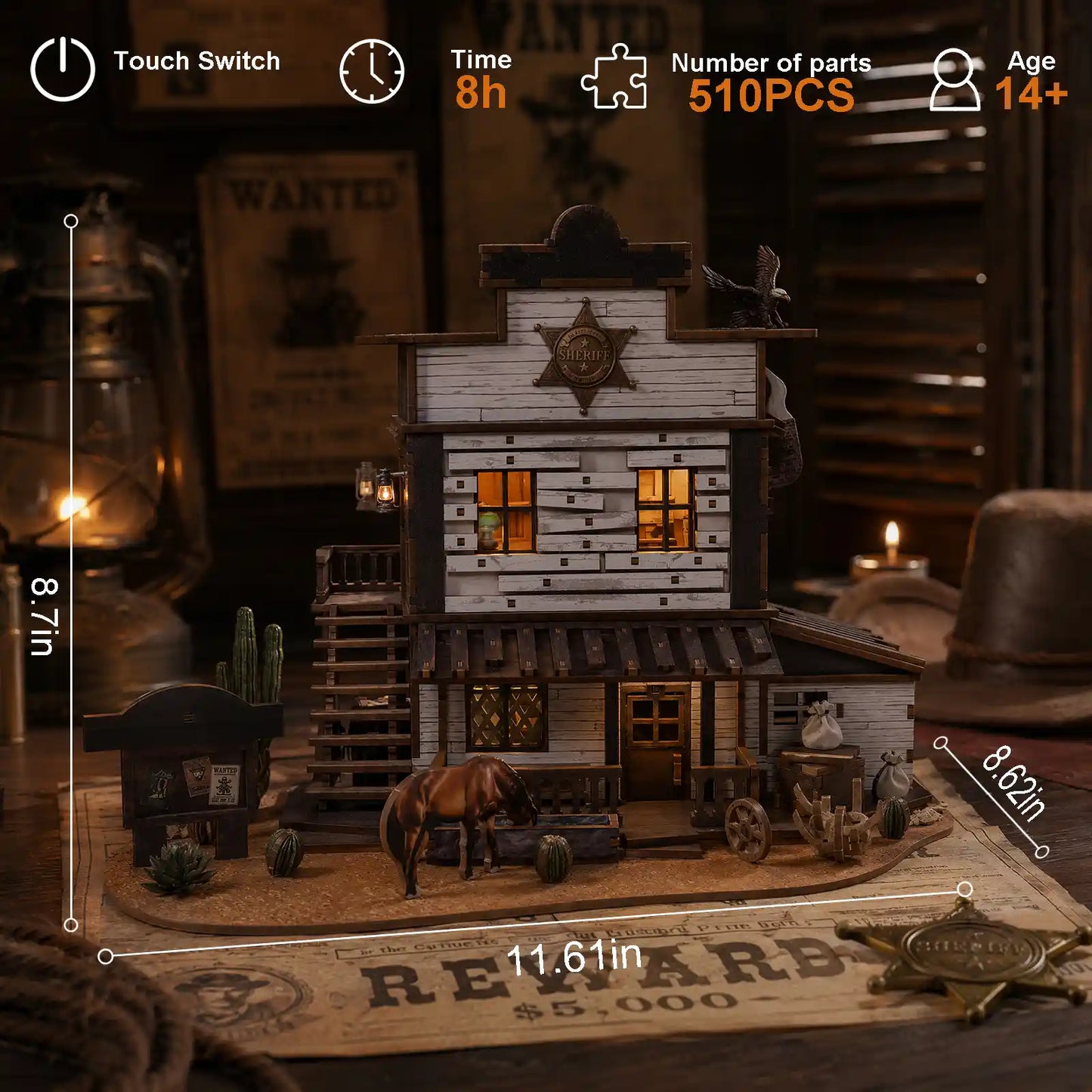 The Western Sheriff’s Office 3D Wooden Puzzle - DIY Book Nook Kit with LED Light by benlarkytoys is a miniature Wild West sheriff’s office diorama featuring a horse, cacti, and a Wanted poster. This rustic frontier town scene includes labeled dimensions, 510 parts, an estimated build time of 8 hours, and is suitable for ages 14+. Crafted as an intricate book nook with warm LED lighting and vintage décor, it brings the old West to life in stunning detail.
